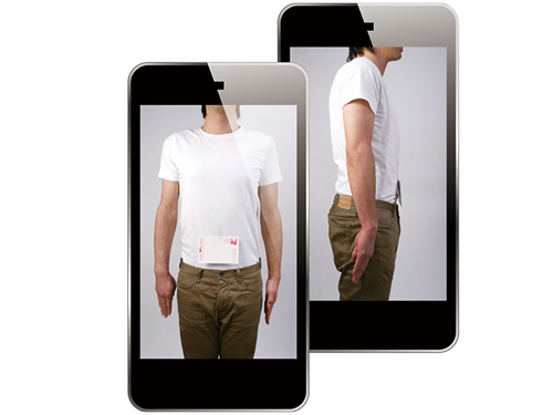 写真２枚を送るだけで自動採寸し、体型にあったシャツに仕上げる